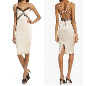 NWT LAVISH ALICE Contrast Lace Satin Slip Midi Dress In Champagne & Black Sz 2